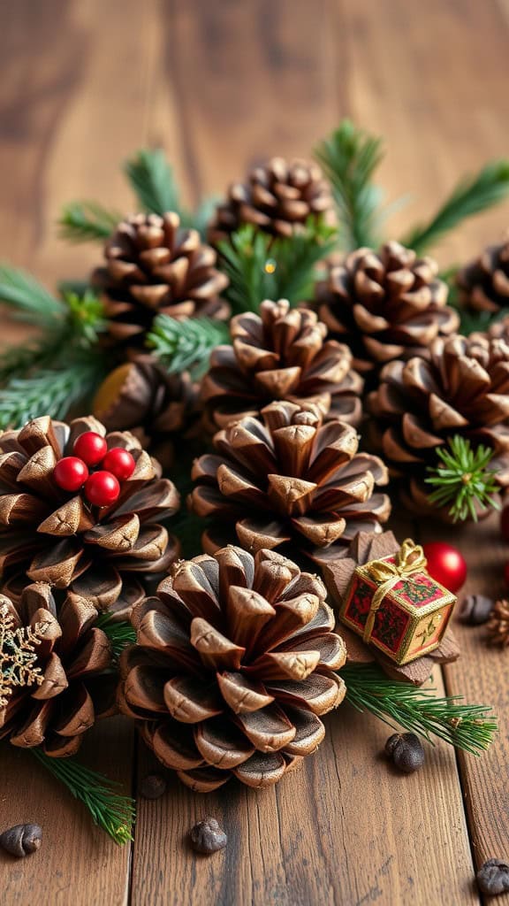 A collection of decorative pinecones arranged with greenery and small gifts on a wooden surface.