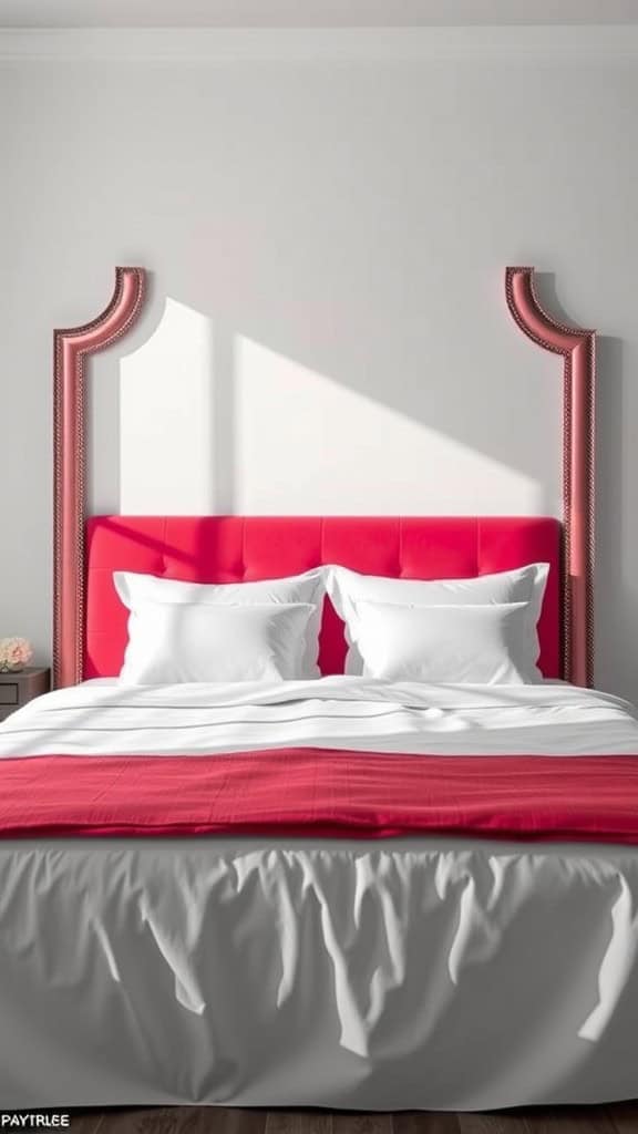 A vibrant red headboard with a modern design, contrasting with a white bed in a cozy bedroom.