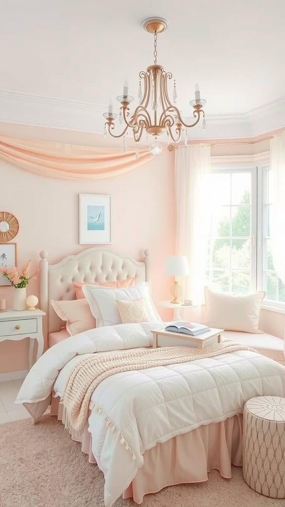 A cozy bedroom featuring a soft pastel palette with peach and cream colors, plush bedding, and elegant chandelier.