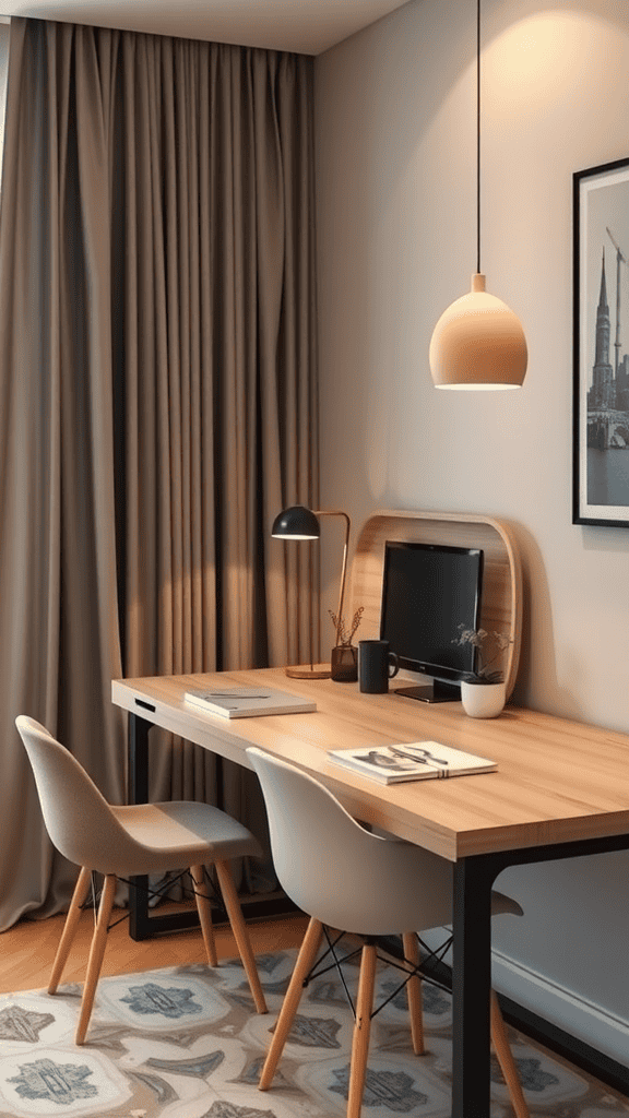 A cozy workspace with a wooden desk, computer, and stylish chairs, showcasing dual-purpose furniture.