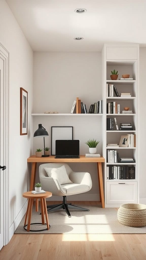 Cozy home office with a reading nook, featuring a desk, chair, and bookshelf.