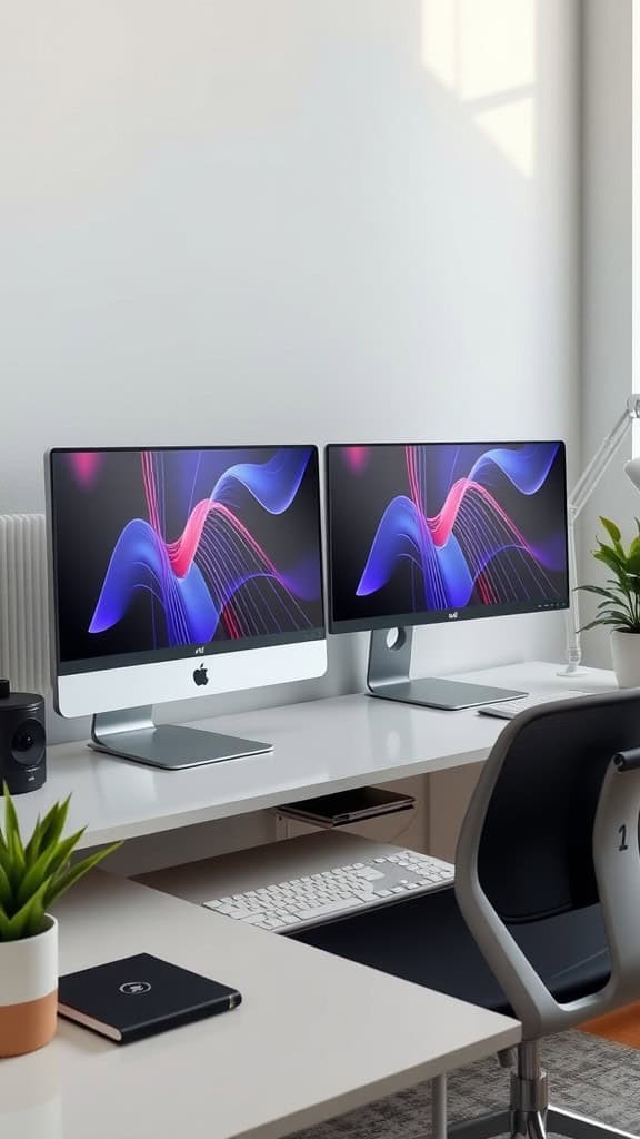 A modern dual monitor setup on a clean desk with a stylish chair and plants, showcasing vibrant displays.