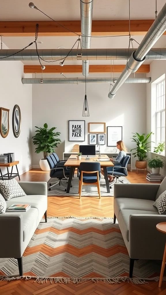 A modern home office with a desk in the middle, surrounded by seating and plants.