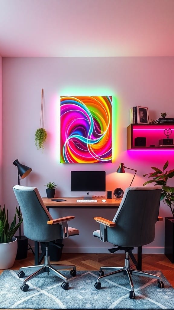 A modern workspace featuring dynamic neon wall art above a desk with two ergonomic chairs and plants.