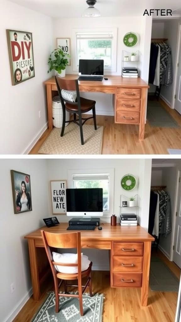 A modern small home office featuring a wooden desk, computer, and decorative elements.