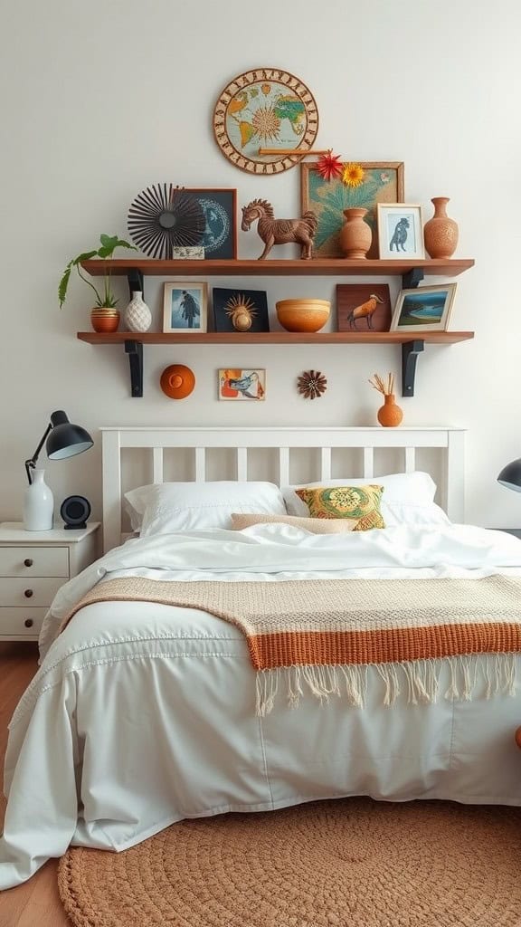 Cozy bedroom with eclectic decor and artifacts on shelves