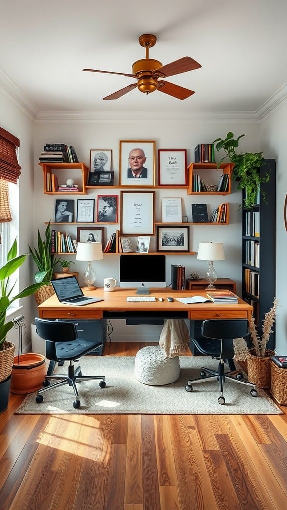 A stylish home office featuring a warm wood desk in the center, modern chairs, shelves with books and art, and plants.