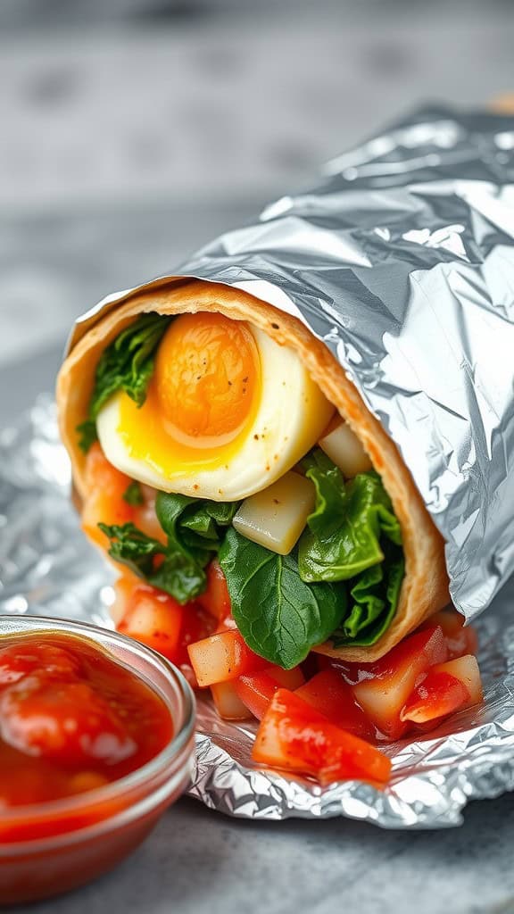 A delicious egg and spinach breakfast burrito with diced tomatoes and cheese wrapped in foil, served with salsa.