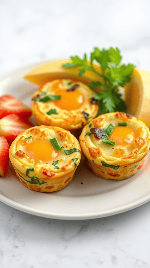 A plate of egg and veggie muffins garnished with herbs and served with fruits.