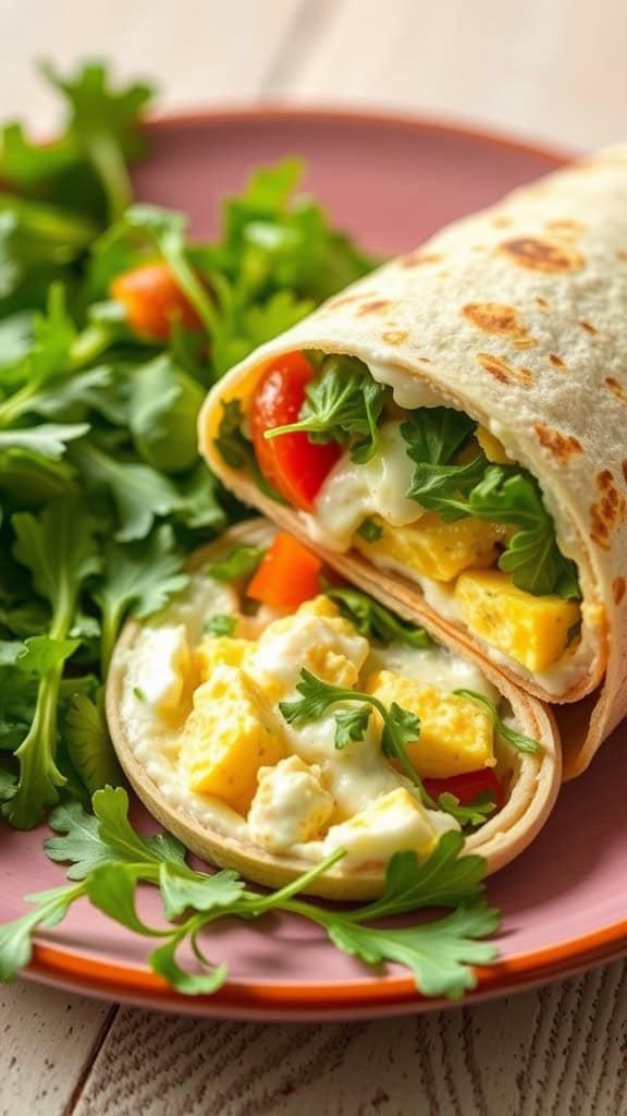 A delicious egg salad wrap filled with diced eggs, tomatoes, and arugula on a pink plate.