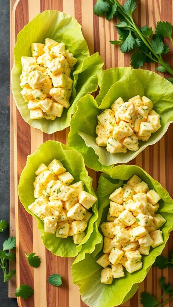 Egg salad served in lettuce cups on a wooden board