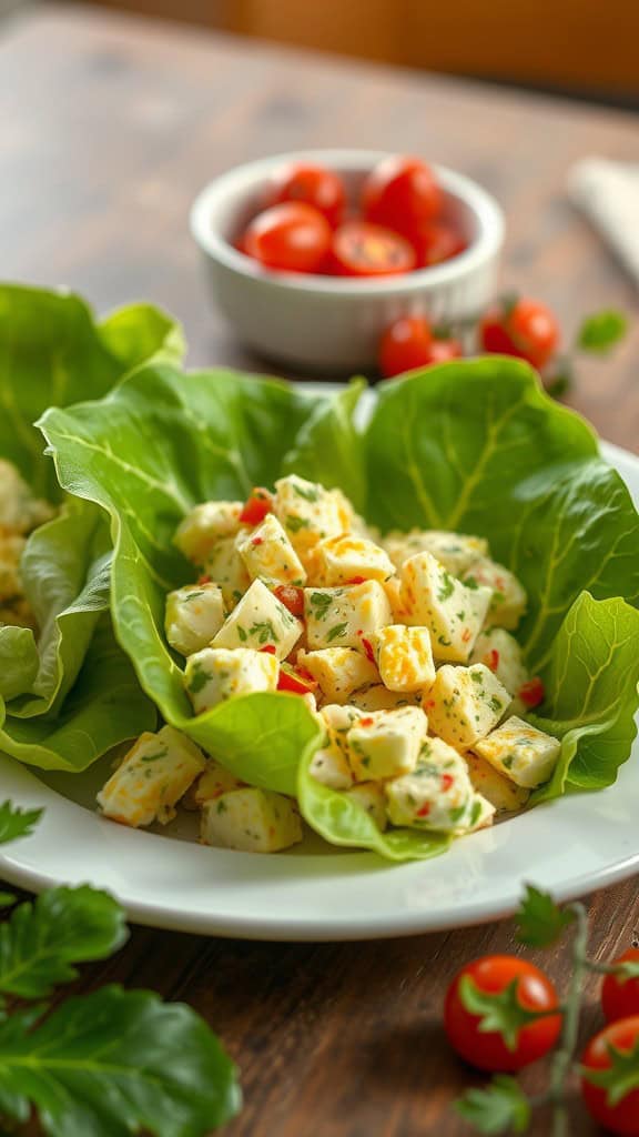 Egg salad in lettuce wraps with fresh ingredients on a wooden table