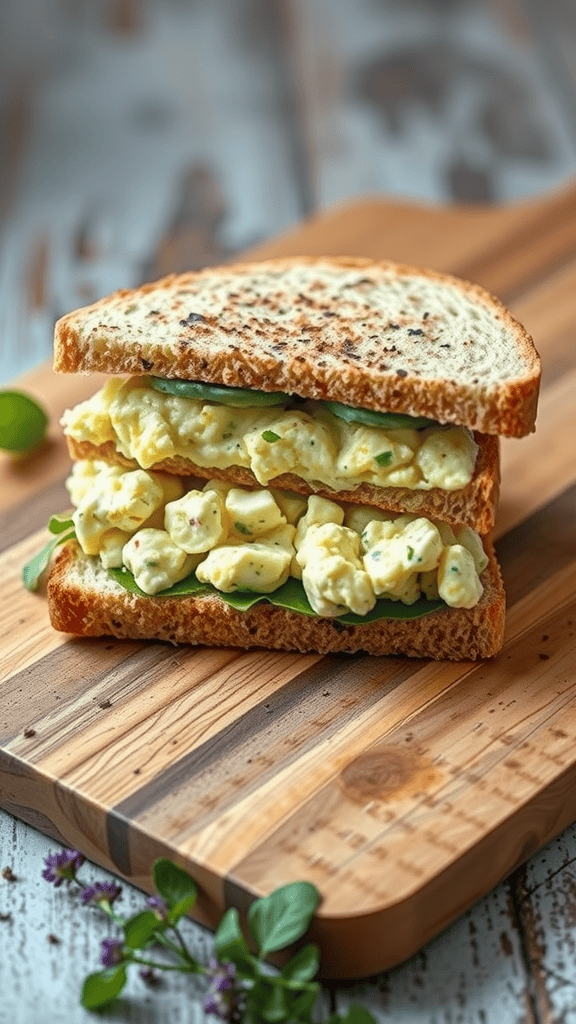 Egg salad sandwich on sprouted bread with fresh greens