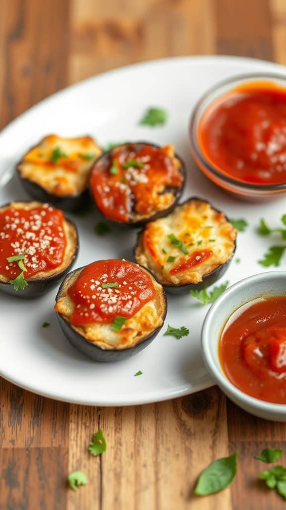 A plate of eggplant parmesan bites served with marinara sauce.