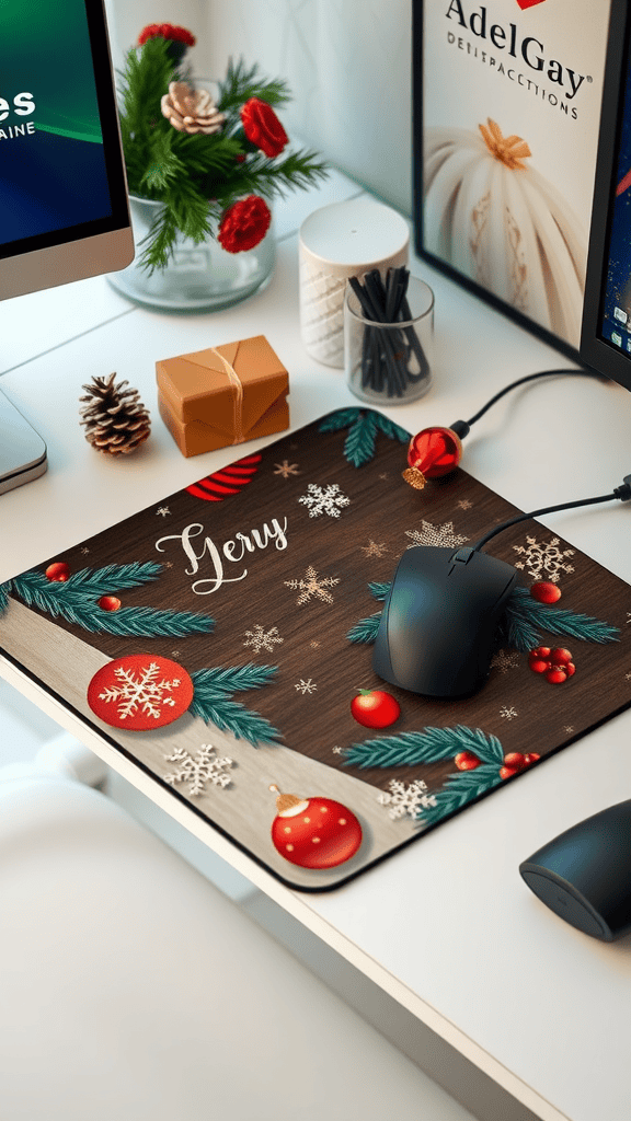 A holiday-themed mouse pad with festive decorations and a computer setup.