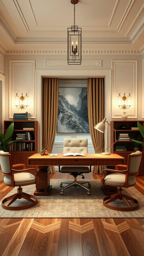 A well-designed home office featuring elegant lighting, wooden desks, and comfortable chairs.