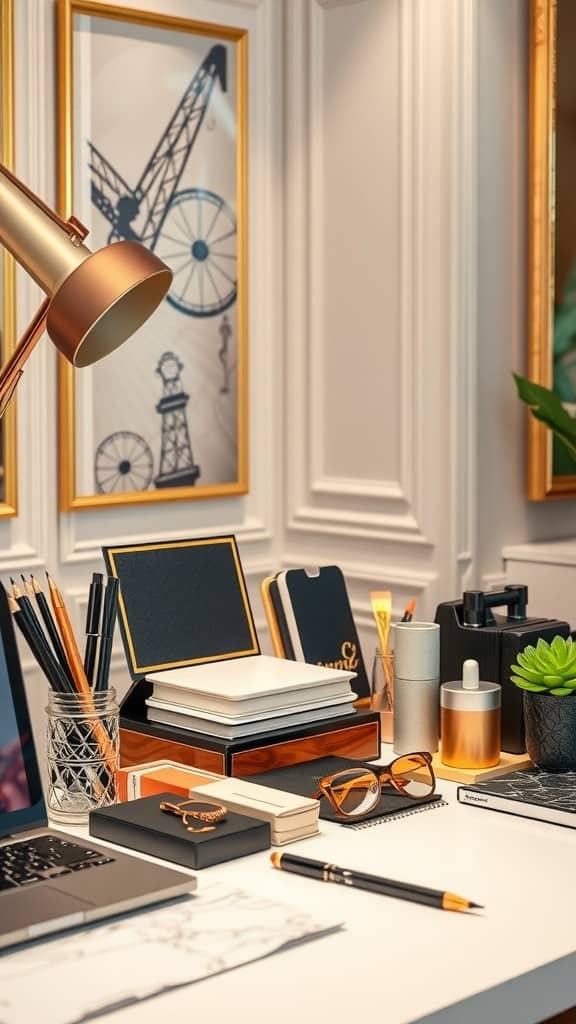 A stylish luxury home office setup with elegant office supplies on a desk, including a laptop, notebooks, pens, and a plant.