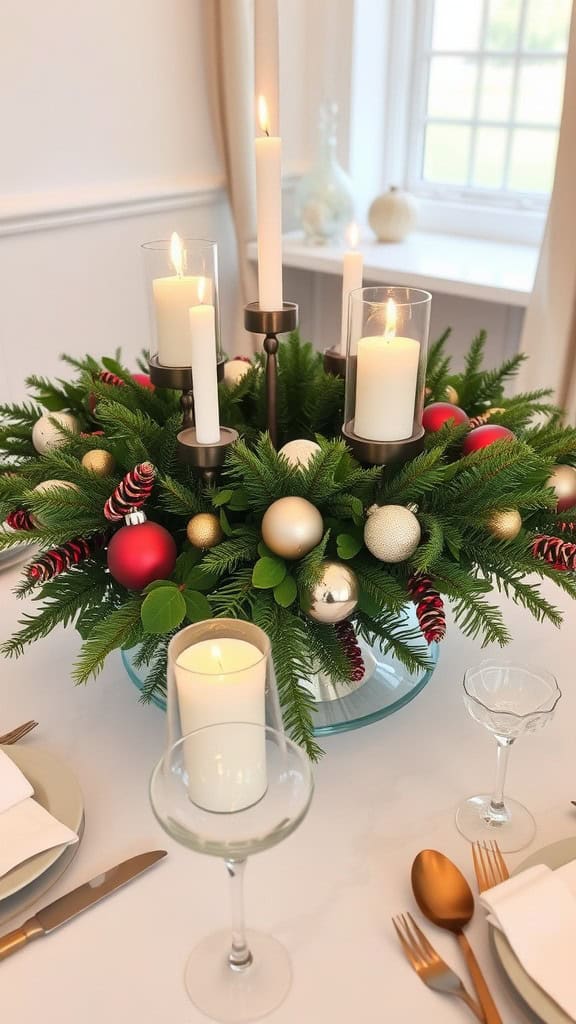 A festive table centerpiece with candles and ornaments, perfect for holiday dinners.