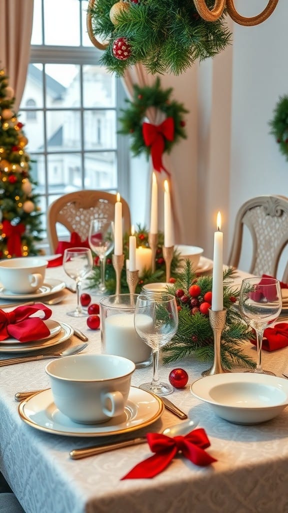 A beautifully set Christmas dinner table with red bows, candles, and festive decorations.