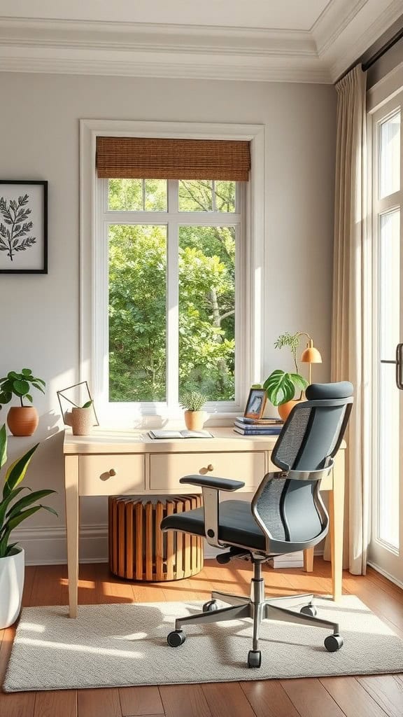 A luxury home office with a modern desk, ergonomic chair, plants, and natural light.