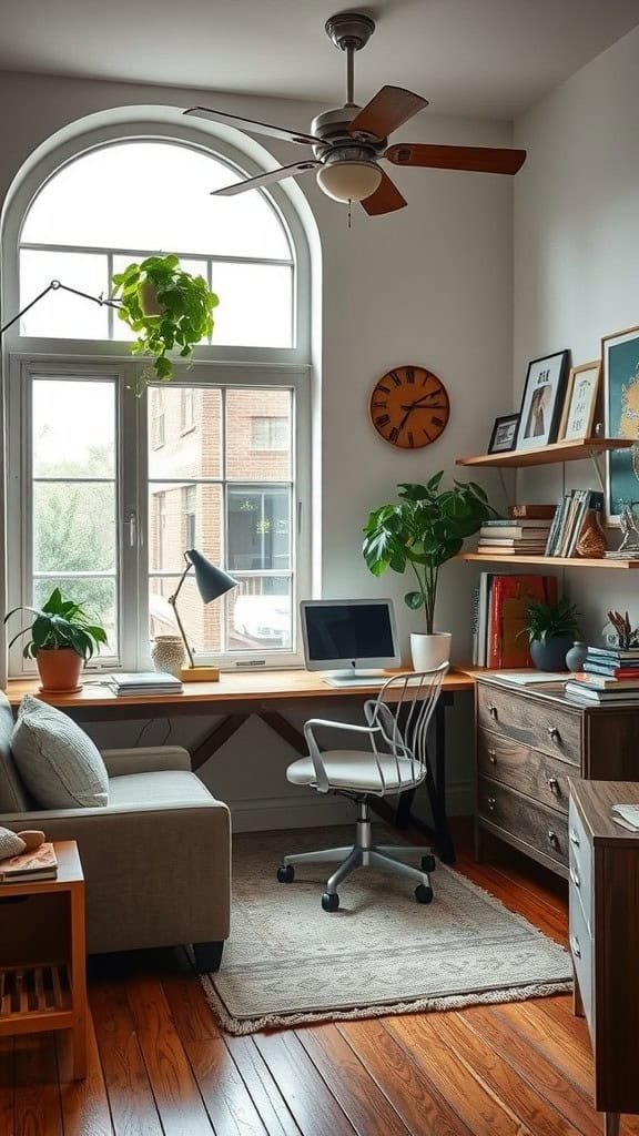 A cozy workspace with a wooden desk, comfortable sofa, plants, and natural light.