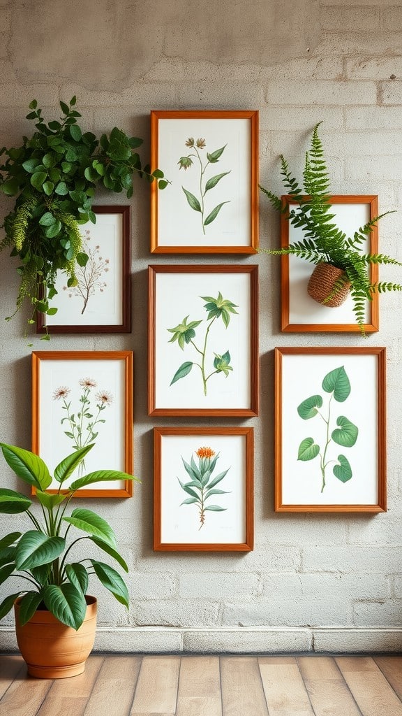 A collection of botanical prints framed in wood, displayed on a textured wall with green plants.