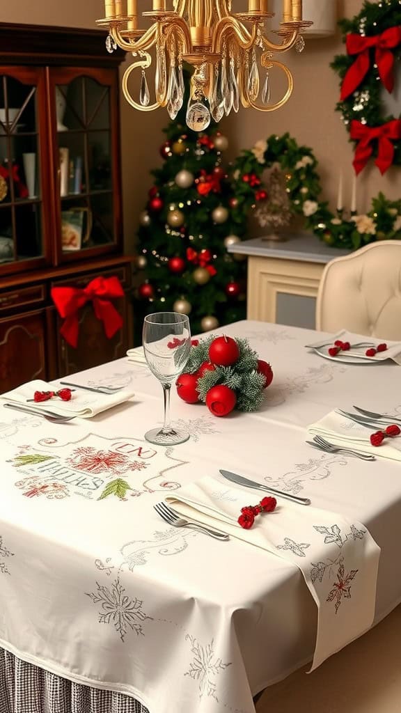 A beautifully set dining table with an embroidered tablecloth and napkins, decorated for Christmas.