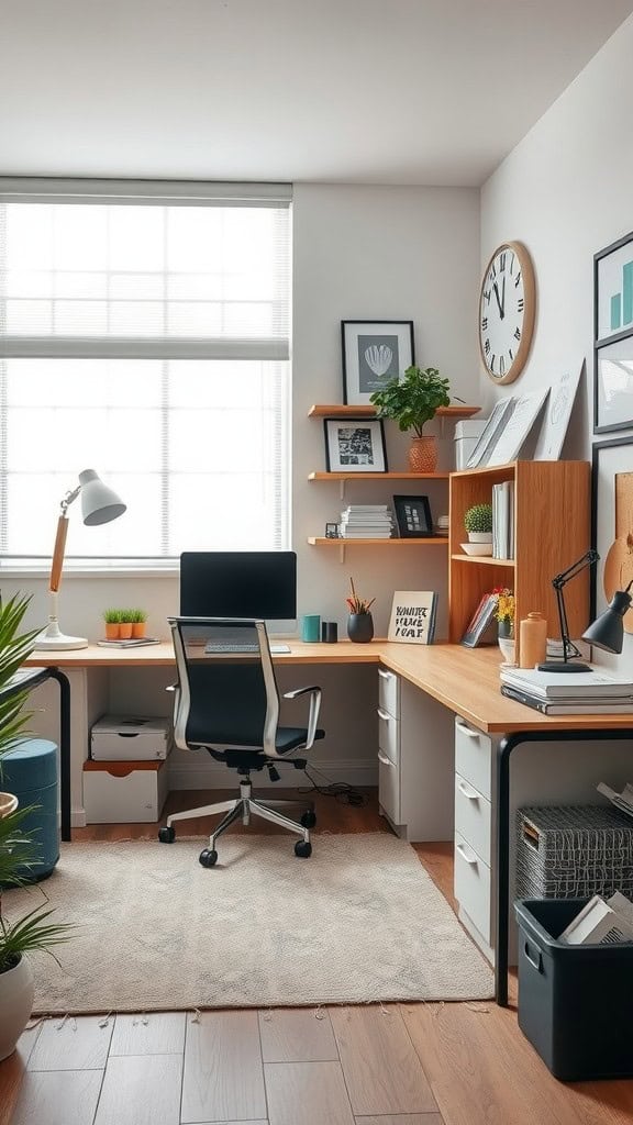 A cozy home office with a modern desk, ergonomic chair, and tidy shelves.