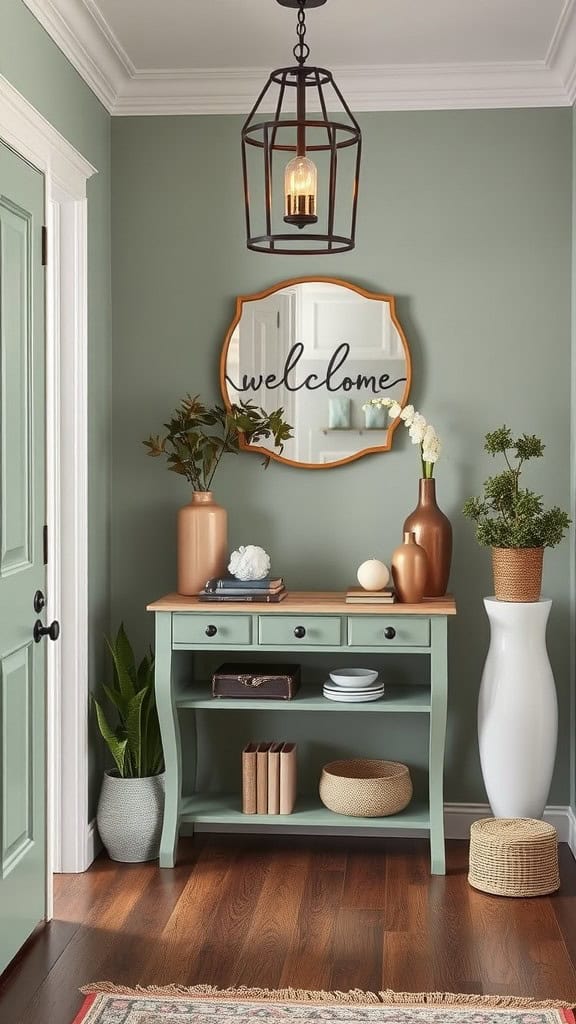 A welcoming entryway featuring a console table with decorative items, a mirror, and plants against a green wall.