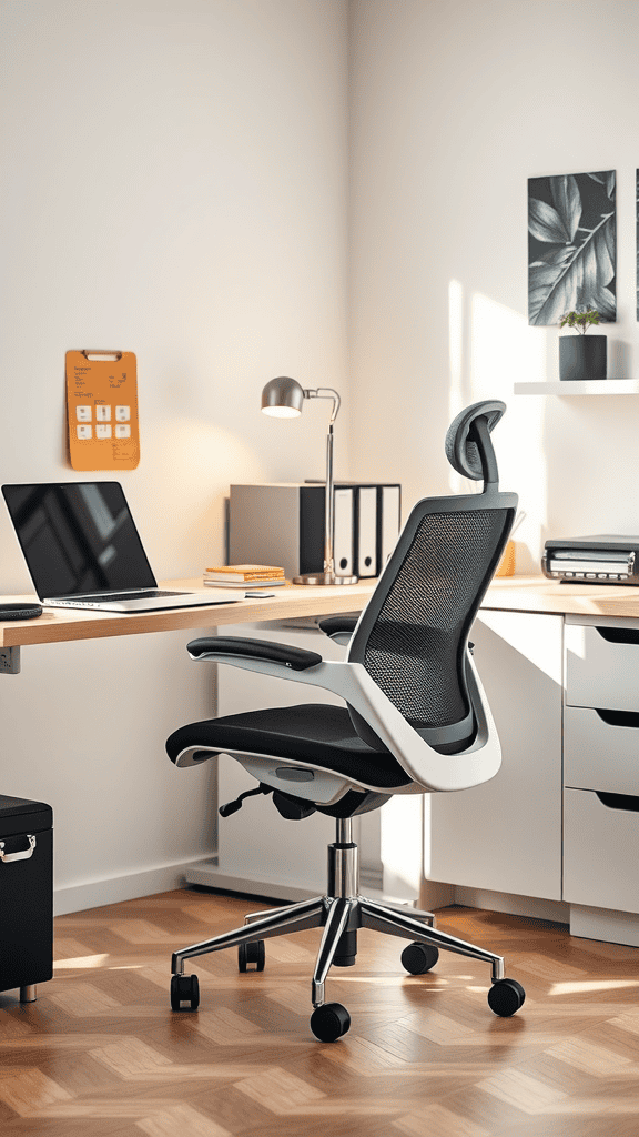 A stylish ergonomic chair in a well-lit home office setting.