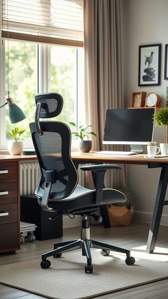 A modern ergonomic chair with a mesh back in a well-lit home office setting