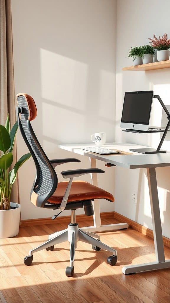 A cozy home office with an ergonomic chair, modern desk, and natural light.