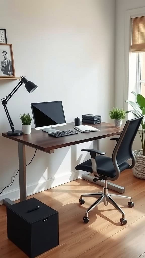 A tidy desk setup with a computer, desk lamp, and plants in a well-lit room.