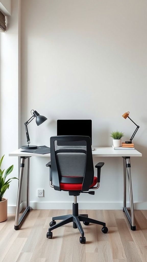 A modern ergonomic desk setup featuring a chair, computer, and desk lamps.