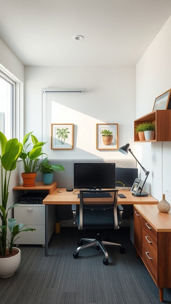 A cozy home office setup with plants and a modern desk in a spare room.