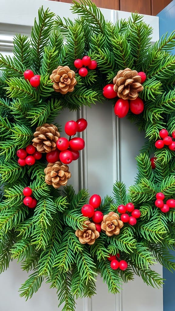 A decorated evergreen wreath with pinecones and red berries.