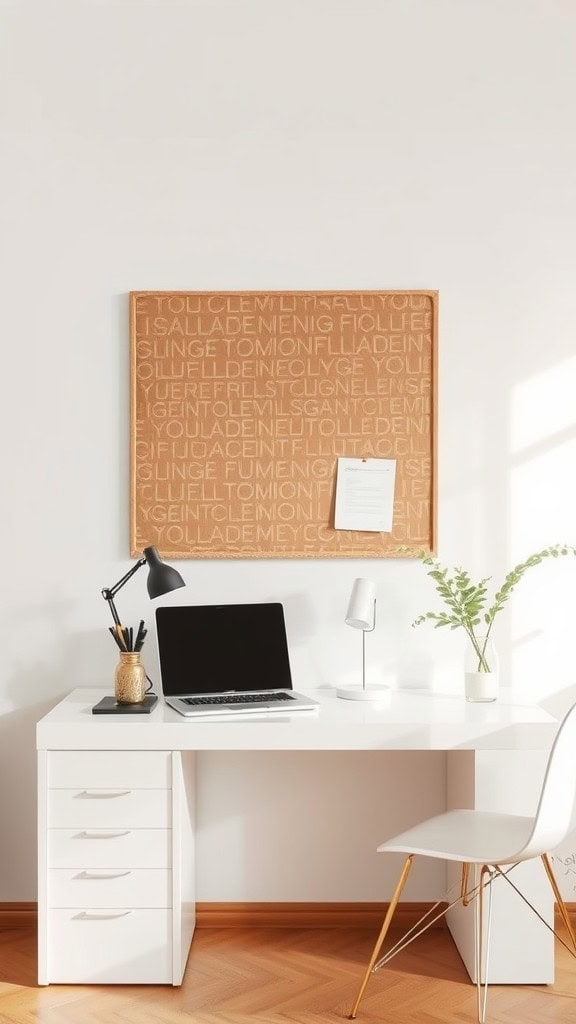 A cozy home office setup featuring a desk with a laptop, a desk lamp, and a fabric pinboard on the wall.