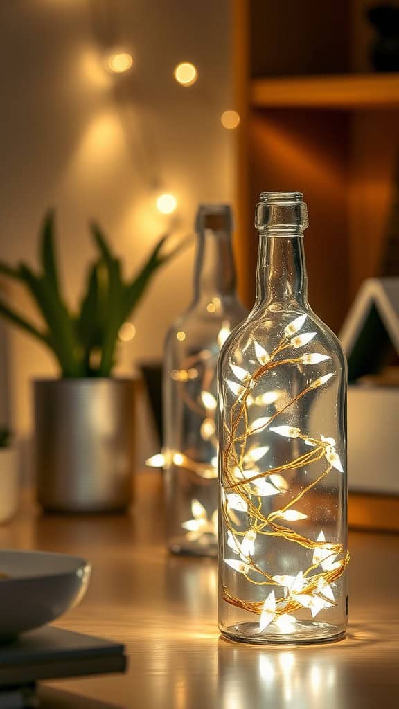 Two glass bottles filled with fairy lights on a wooden table