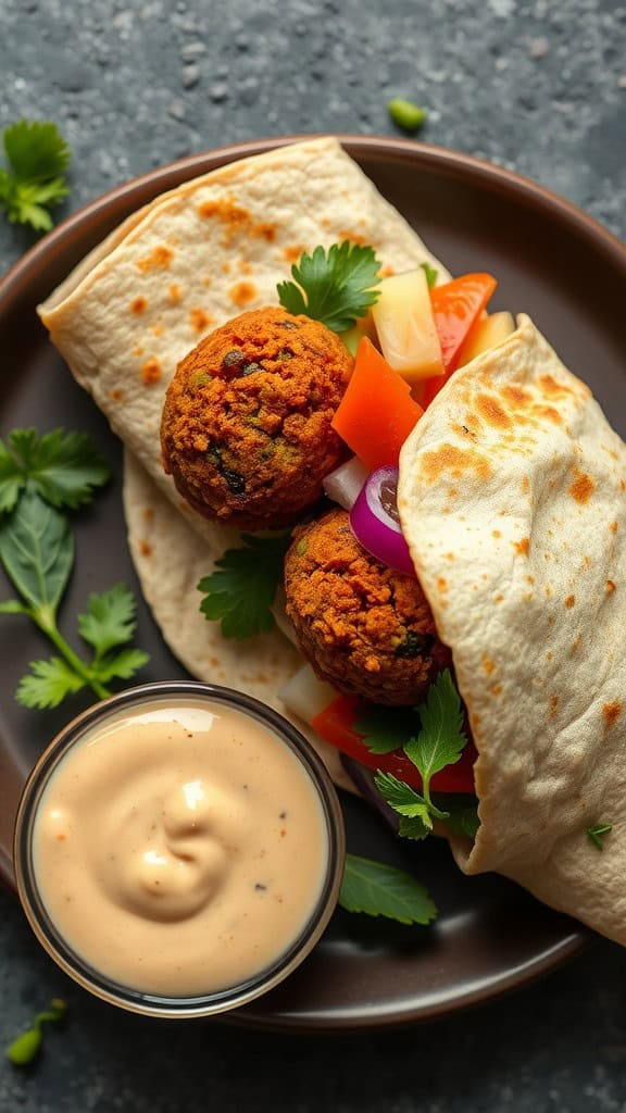 A plate with falafel and tahini wrap, featuring two wraps filled with vegetables and falafel, alongside a small bowl of tahini sauce.