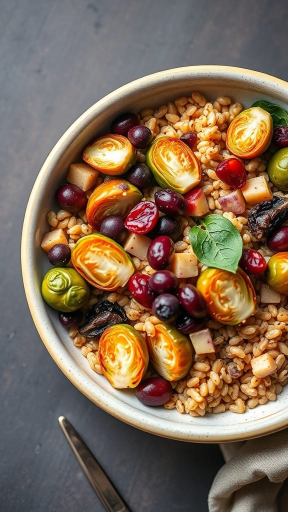 A beautiful fall harvest grain bowl with barley, roasted Brussels sprouts, grapes, and apple pieces.