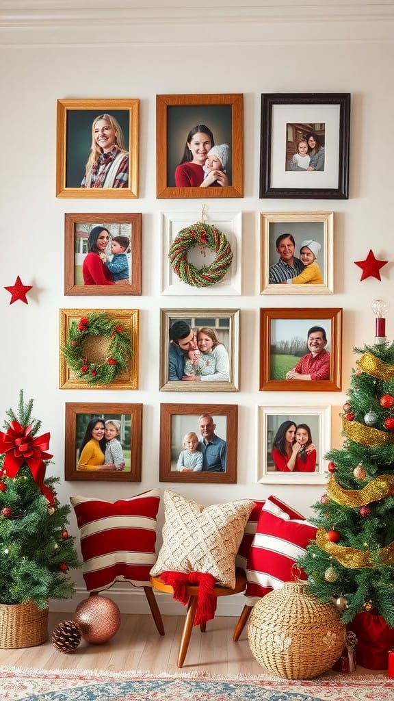 A decorated wall showcasing family photos surrounded by holiday decor, including wreaths and Christmas trees.