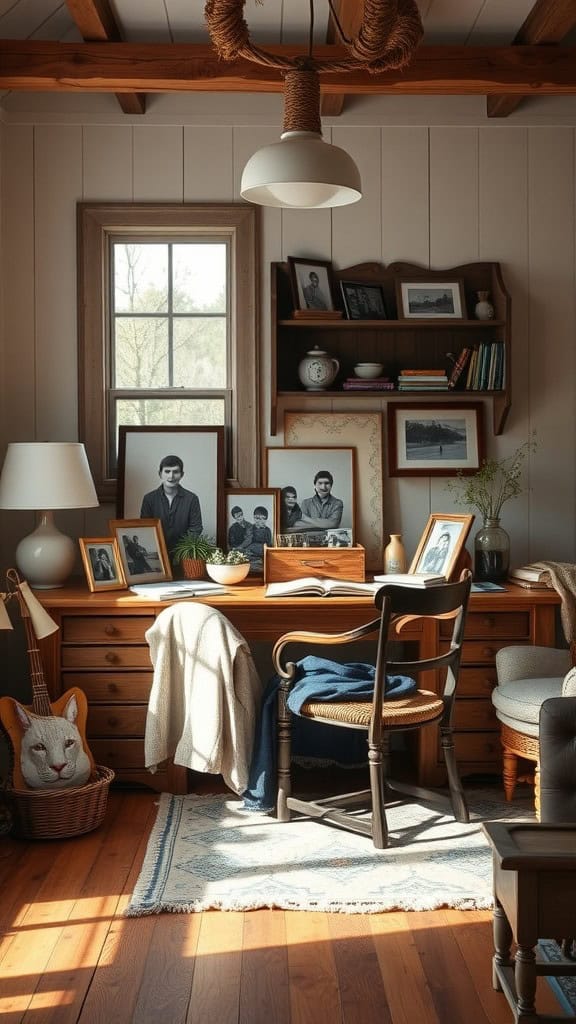 A cozy home office featuring a wooden desk, family photos, and warm lighting.