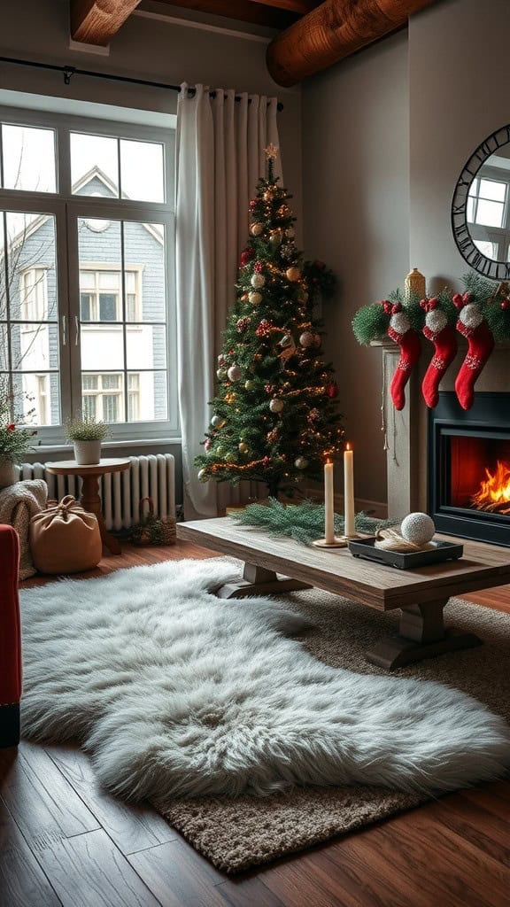 A cozy living room with a faux fur rug, Christmas tree, and stockings by the fireplace.