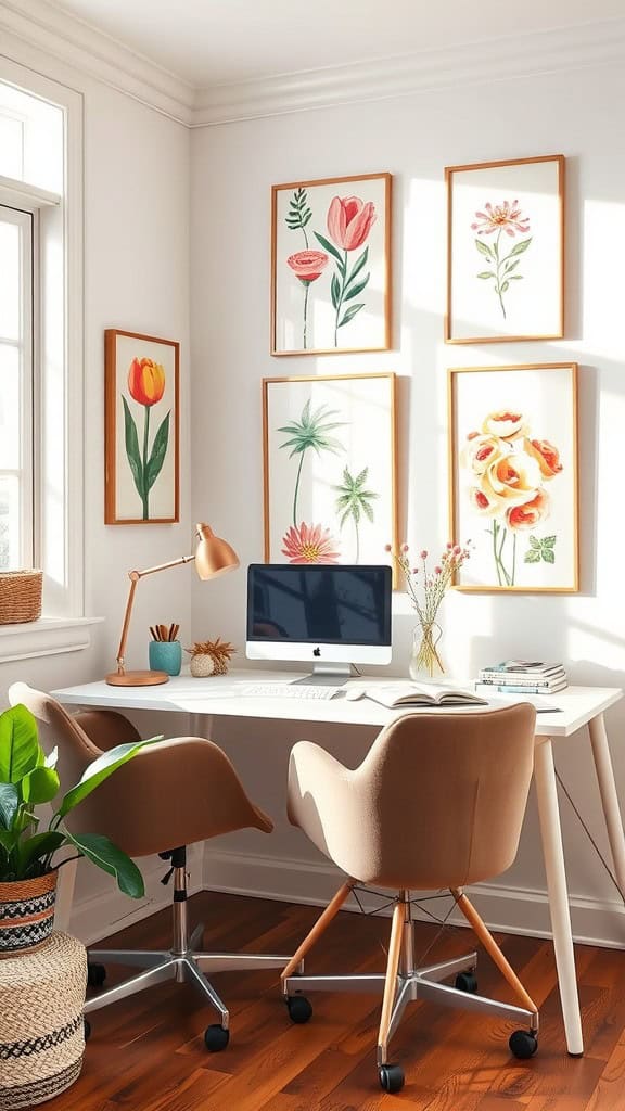 A bright and feminine office space featuring floral art prints on the wall, a modern desk, and comfortable chairs.