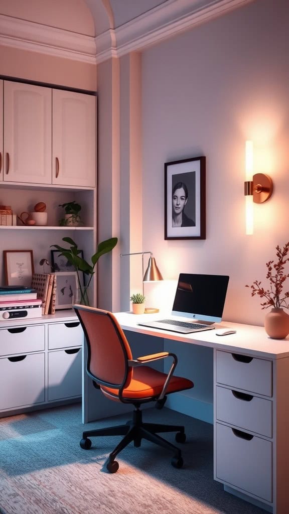 Bright feminine office with soft lighting and modern decor.