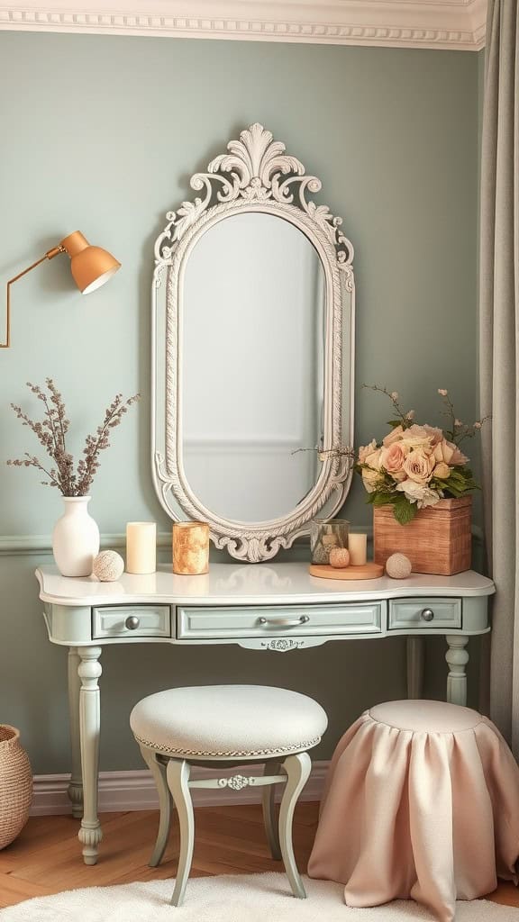 A feminine vanity corner featuring a soft green wall, an elegant mirror, a vintage-style vanity table, and decorative elements like flowers and candles.