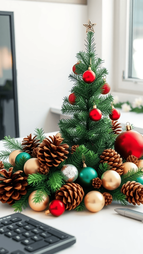 A festive desk centerpiece featuring a small Christmas tree with red ornaments, surrounded by golden and green baubles and pinecones.