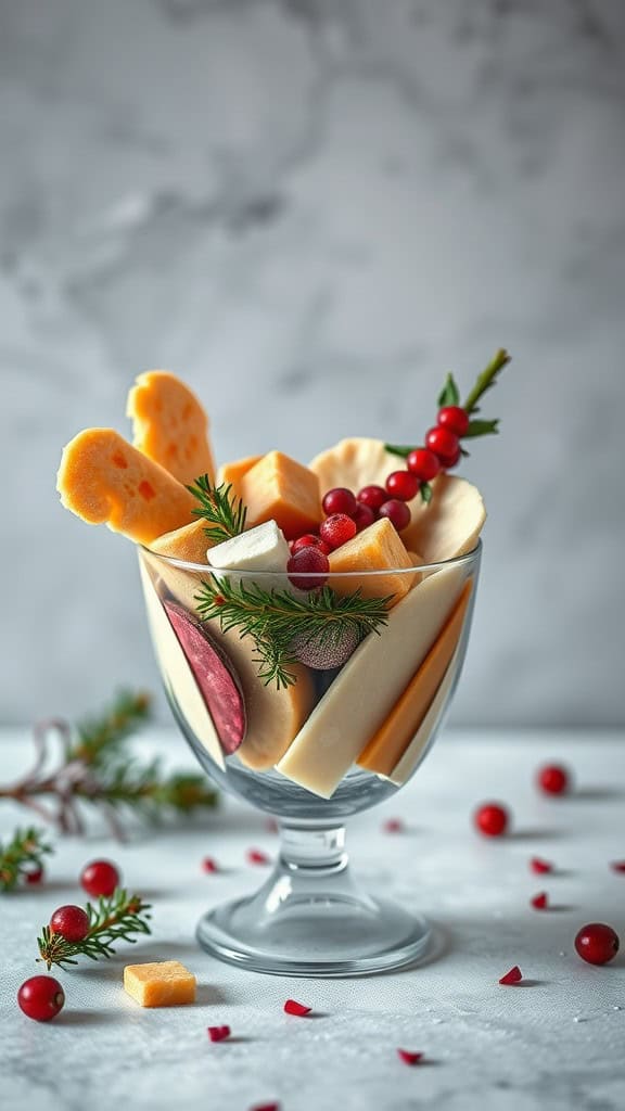 A festive charcuterie cup with assorted cheeses, meats, and garnishes