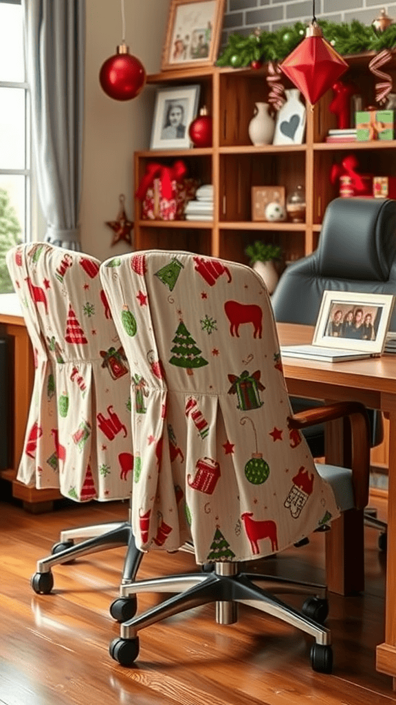 Two office chairs covered with festive holiday patterns, including Christmas trees and gifts, in a cozy office setting.