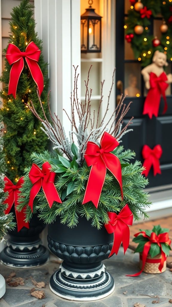 Decorative outdoor planters with red bows and greenery for the holidays.